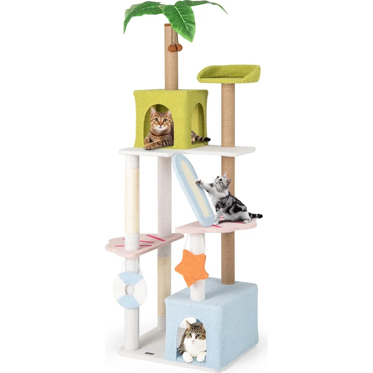GOPLUS 180 cm Kratzbaum, mehrstöckiger Katzenbaum mit 2 Höhlen, Kratzrampe, Plüsch-Lounge und Kunstpflanzen, Grün+Blau+Weiß