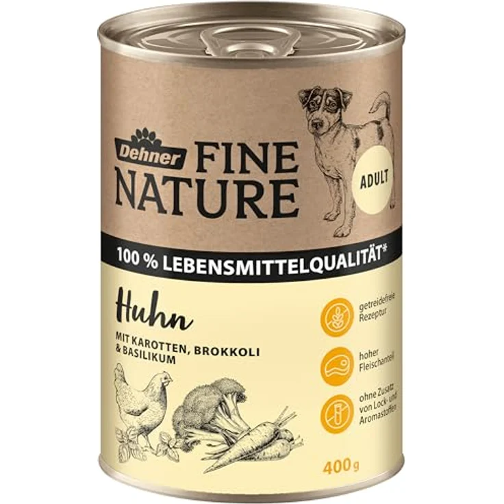 Dehner Fine Nature Hundefutter, Nassfutter in Lebensmittelqualität, für ausgewachsene Hunde, Huhn mit Gemüse, 6 x 400 g Dose (2.4 kg) – Bild 2