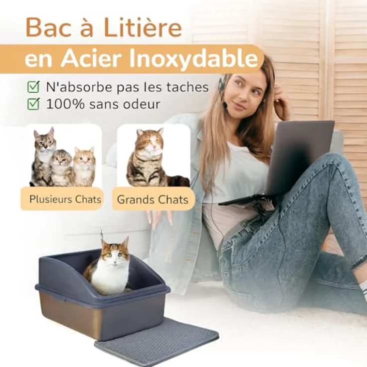 LINUMA® Edelstahl-Katzentoilette XXL, antibakterielles Katzenklo mit Deckel und Spritzschutz, leicht zu reinigen mit Katzenstreumatte und Doppelschicht Metallschaufel – Bild 2
