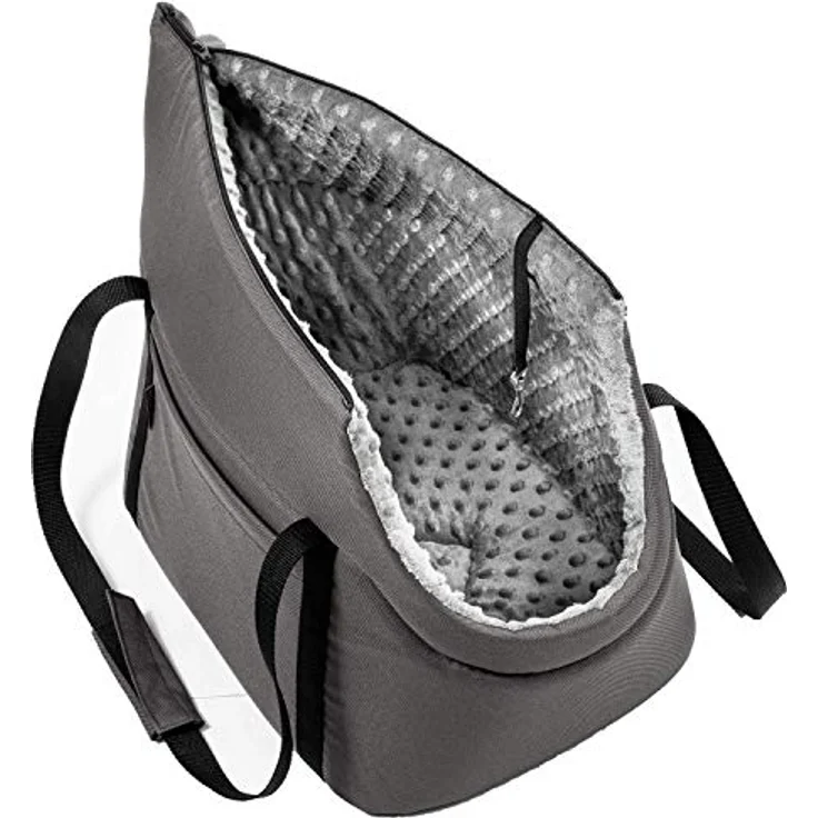 BOUTIQUE ZOO Hundetasche L, Grau, Plüschstoff mit Noppen, für Hunde bis 15 kg, inklusive abnehmbarer Holzeinlage und Metallhalsband – Bild 4