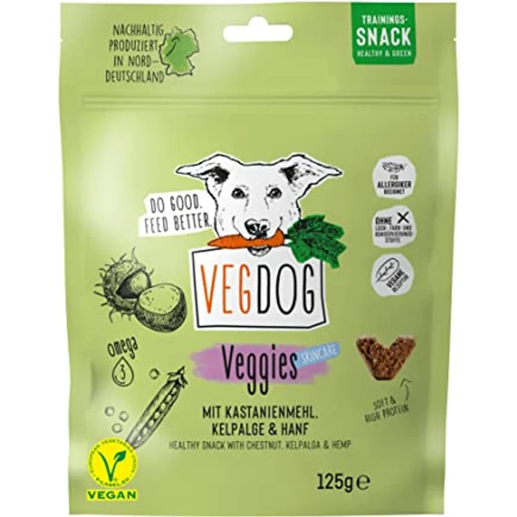 VEGDOG Veggies Skincare, hypoallergener Hundesnack (10 x 125 g) | veganer Trainingssnack für glänzendes Fell und gesunde Haut mit Kastanie und Hanf, getreidefrei und ohne Zuckerzusatz – Bild 3