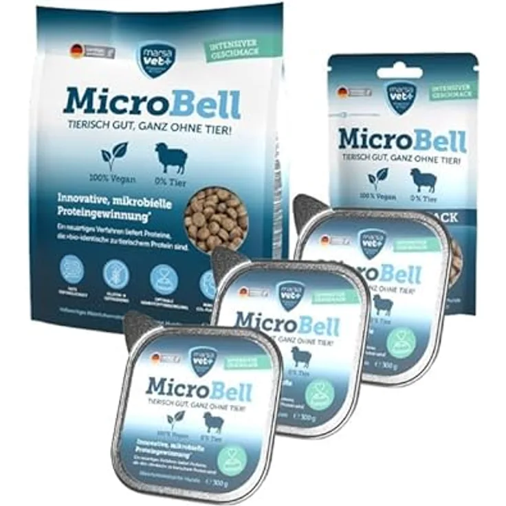 marsavet+ Marsavet MicroBell – Veganes Hundefutter-Set Groß mit mikrobiellem Protein, 4 kg Trockenfutter, 100 g Snacks, 3 × 300 g Nassfutter, hypoallergen und getreidefrei