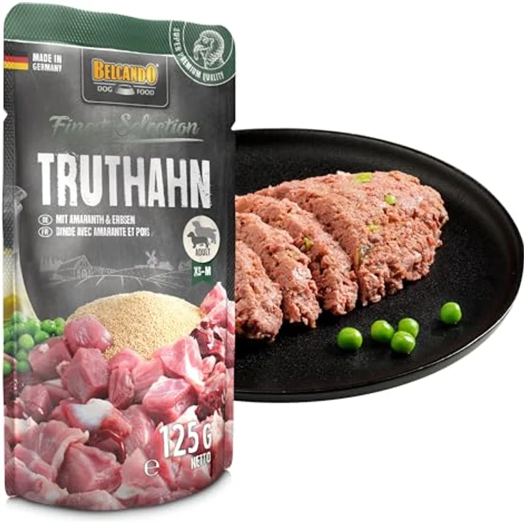 BELCANDO Frischebeutel, 12x125g Truthahn mit Amaranth & Erbsen, Nassfutter für Hunde, Alleinfuttermittel im Einzelportionsbeutel, ohne künstliche Zusatzstoffe – Bild 4