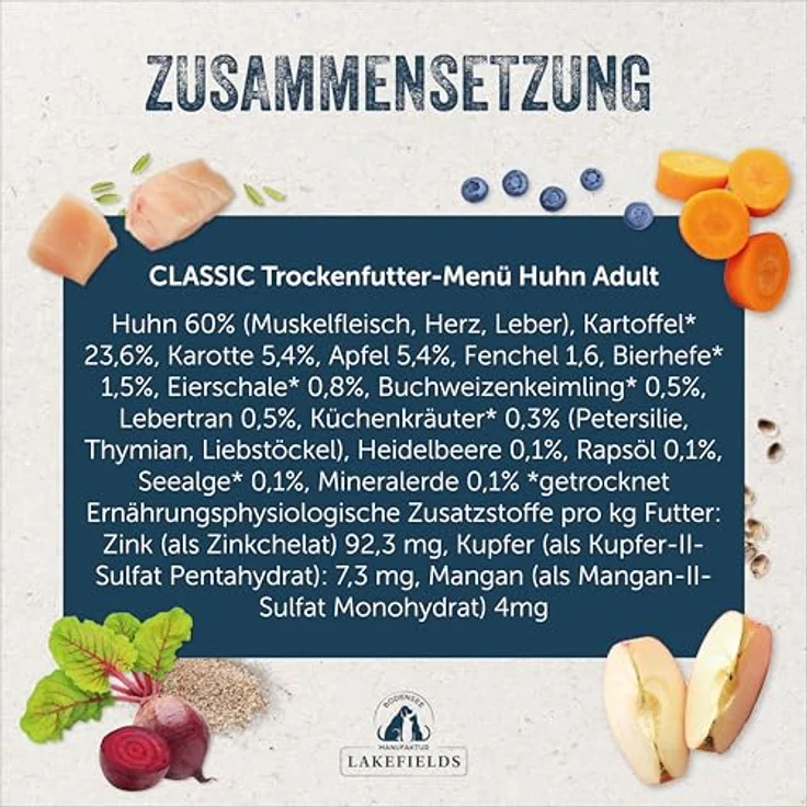 Lakefields Classic Hundefutter trocken, 60% Huhn, 2,5kg, getreidefreies Futter in Lebensmittelqualität mit Fenchel, Karotten & Kartoffeln, schonend gebacken – Bild 4