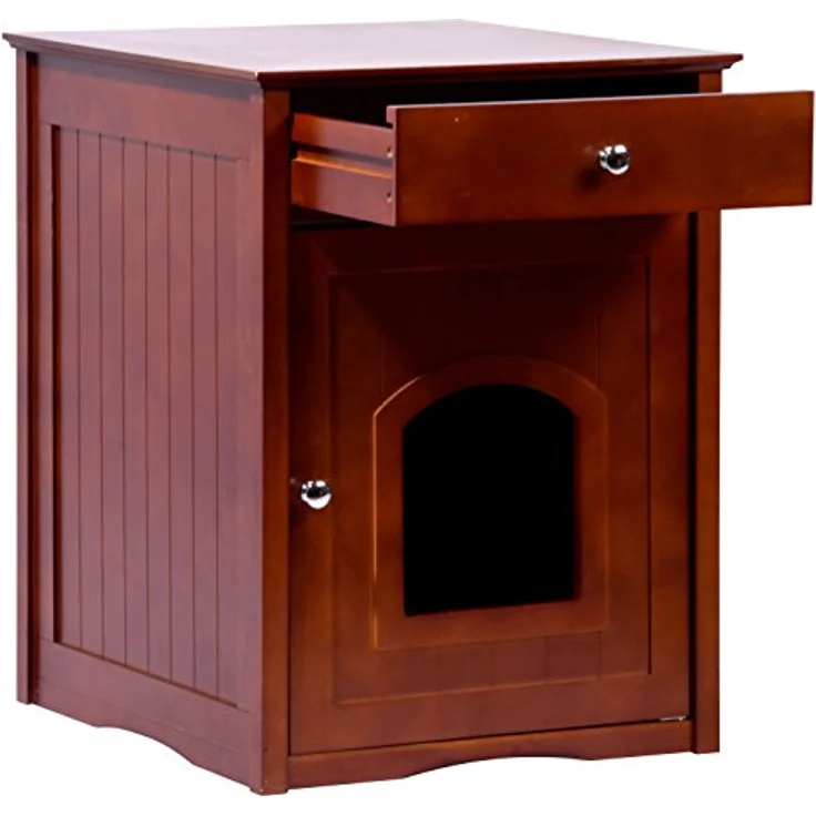 dobar Katzenschrank "Mohrle", Massivholz Katzenhaus mit Schublade für Katzenklo, 52 x 48 x 63 cm, Braun, extra Stauraum und Haken für Utensilien – Bild 2
