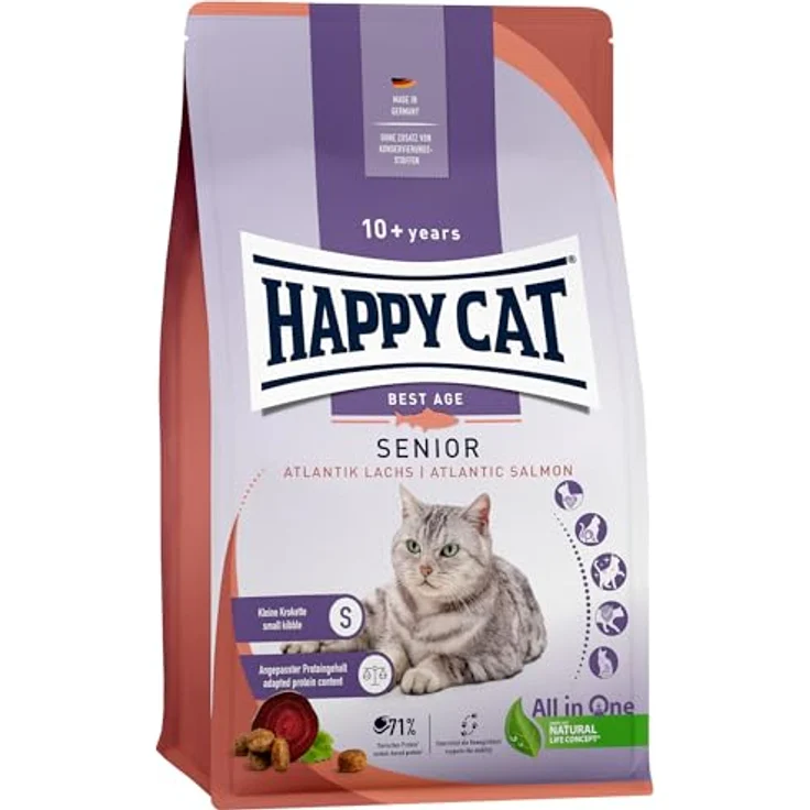 Happy Cat 70612 Senior Atlantik Lachs, Katzen-Trockenfutter für Senioren ab 8 Jahren, 4 kg, leicht verdaulich mit hochwertigen Rohstoffen – Bild 1