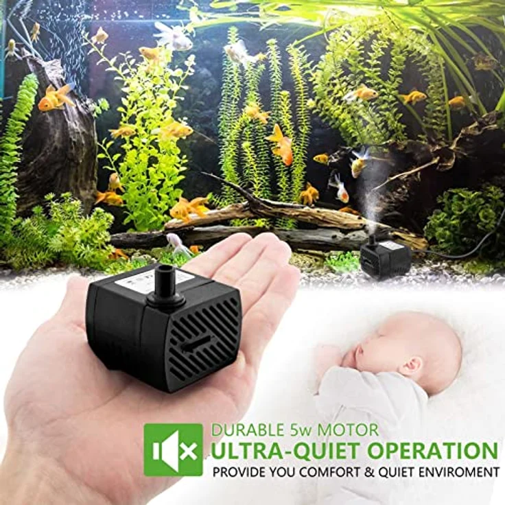 COKDEZ Mini Wasserpumpen, 350L/H, 5W, ultra leise Aquarium pumpe mit 1,5 m Netzkabel, 2 Düsen, ideal für Teich und Hydrokultur – Bild 3