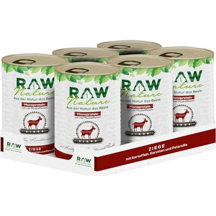 RAW Nature Ziege Pur Nassfutter für Hunde, 6x400g, mit Kartoffeln, Möhren & Petersilie, hoher Fleischanteil, Monoprotein, getreidefrei, alleinfuttermittel, für sensible Mägen und Allergiker – Bild 1