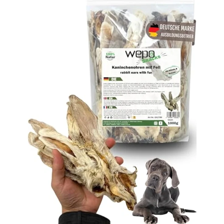 EKNA WEPO Kaninchenohren mit Fell für Hunde, 1kg getrocknete Natur-Snacks, artgerechte Kausnacks ohne Zusätze, für alle Hundegrößen – Bild 1