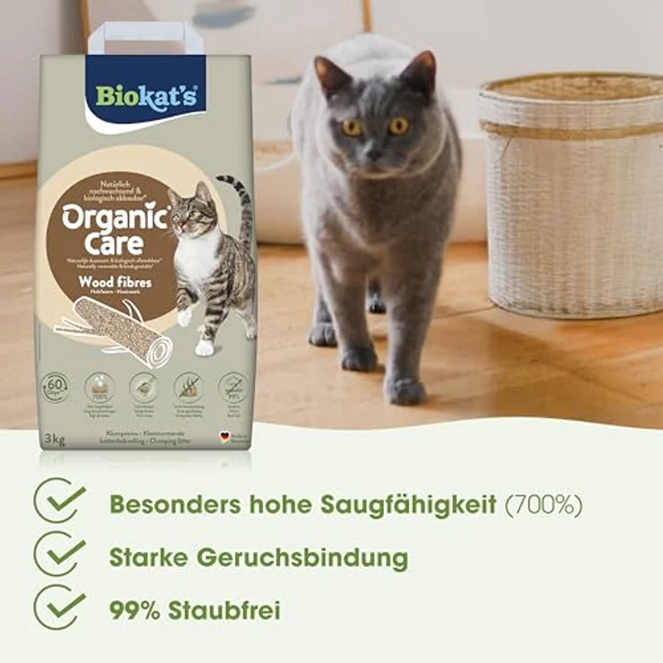Biokat's Organic Care Wood fibres, Katzenstreu aus natürlichen Holzfasern, 11,4 kg (30 L), stark saugfähig, nahezu staubfrei – Bild 3
