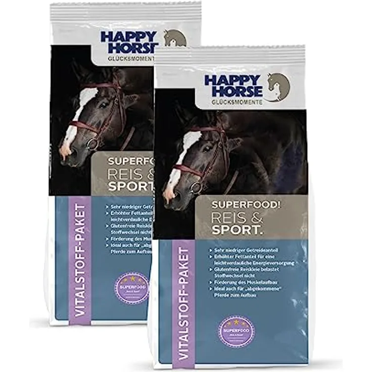 HAPPY HORSE Superfood Reis & Sport Pferdefutter, 2 x 14kg, glutenfreie Reiskleie, geringer Getreideanteil, optimal für Muskelaufbau, made in Germany