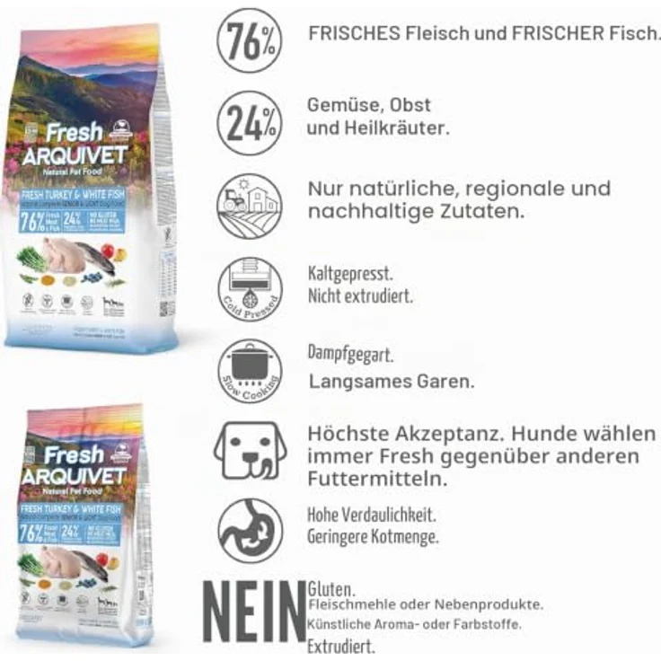 Arquivet Fresh Senior Light, Halbfeuchtes Hundefutter mit 50% Truthahn & 26% Weißfisch, glutenfrei, 10kg – Bild 3
