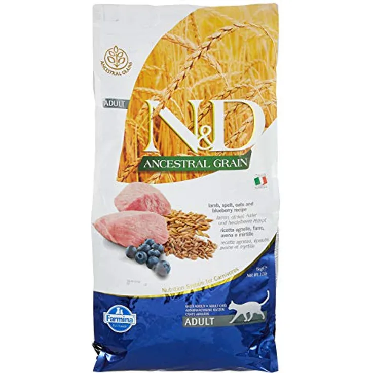 Farmina N&D Cordero y Arándano Adult Cat Low Grain, Trockenfutter mit Lamm und Heidelbeeren, 5 kg