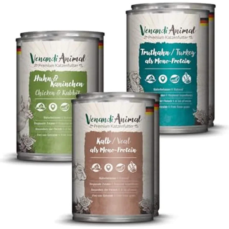 Venandi Animal Premium Nassfutter für Katzen, Probierpaket II, 6 x 400 g Huhn + Kaninchen, Kalb, Truthahn, getreidefrei und naturbelassen, 2.4 kg
