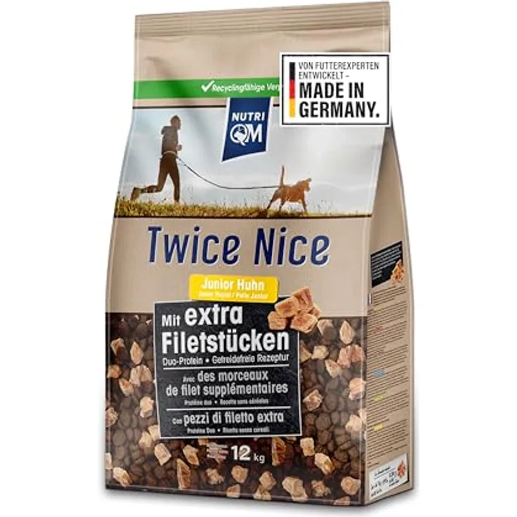 NutriQM Twice Nice Junior Huhn, Getreidefreies Trockenfutter mit frischen Filetwürfeln, 12 kg
