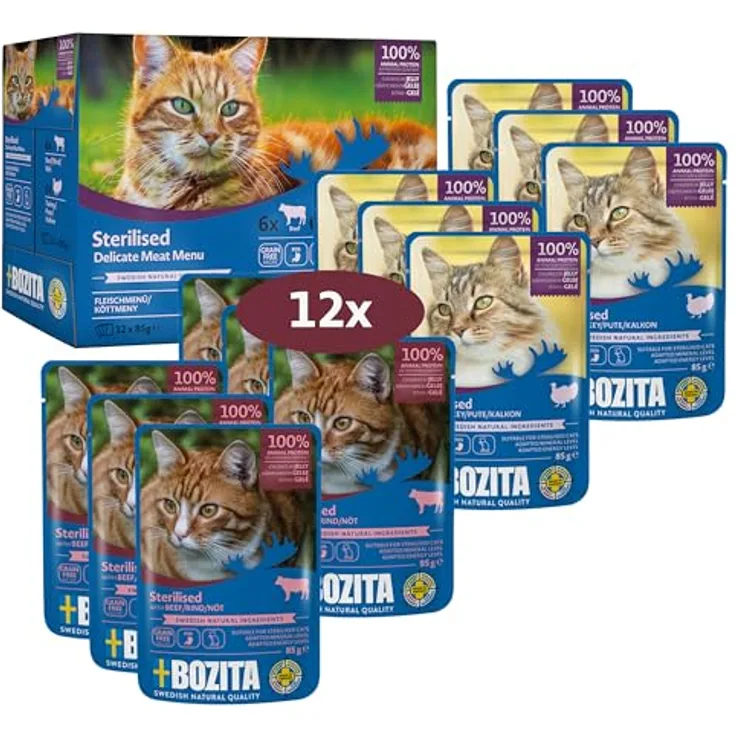 Bozita Sterilised Nassfutter Häppchen in Gelee mit Pute - 12x85g getreidefreies & weizenfreies Katzenfutter mit 8,5% Protein & 3,5% Fettgehalt