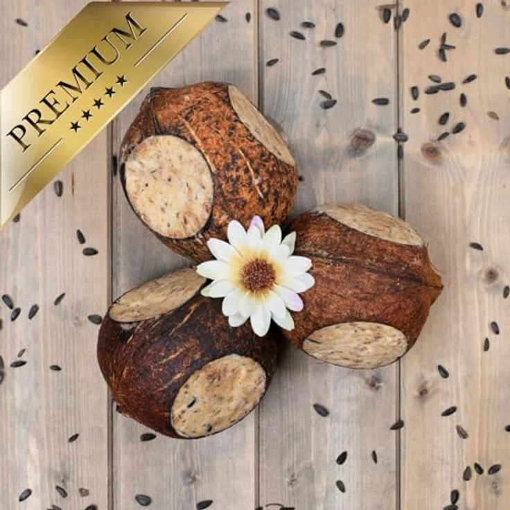 Lyra Pet® 3 x 4 Ganze Kokosnüsse mit 3 Löchern, Fettreiches Wildvogelfutter mit Nährstoffreicher Füllung, Energielieferant für das ganze Jahr, Naturprodukt – Bild 5