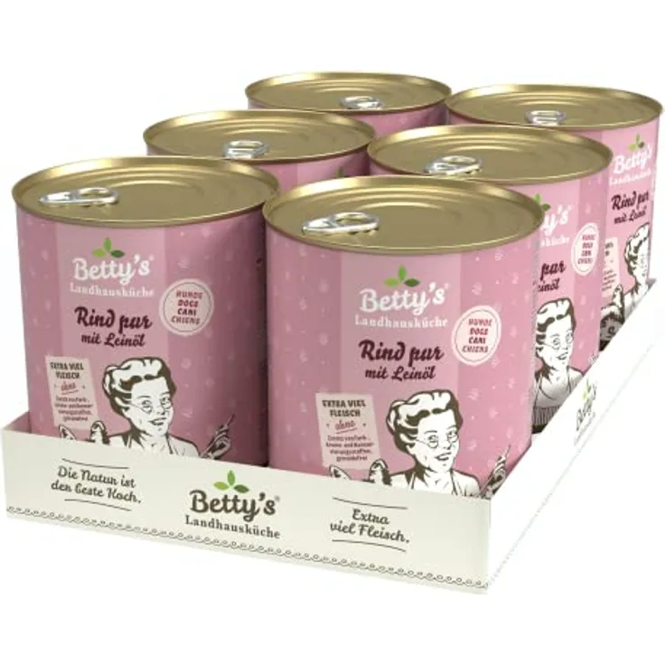 Boswelia Betty's Landhausküche Hund Rind pur mit Leinöl, Nassfutter für alle Hunderassen, 6 x 800 g, hohe Bioverfügbarkeit, 71 % Fleischanteil