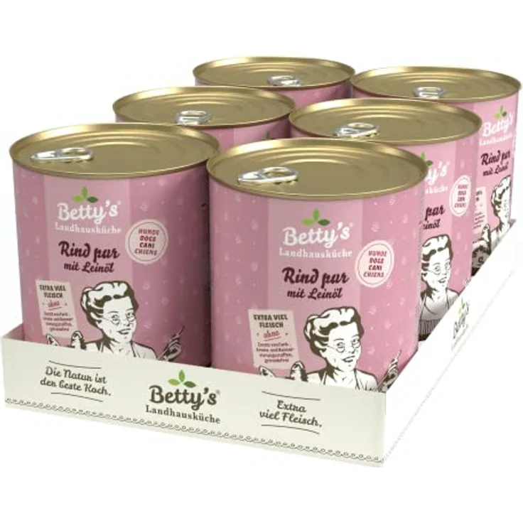 Boswelia Betty's Landhausküche Hund Rind pur mit Leinöl, Nassfutter für alle Hunderassen, 6 x 800 g, hohe Bioverfügbarkeit, 71 % Fleischanteil – Bild 1