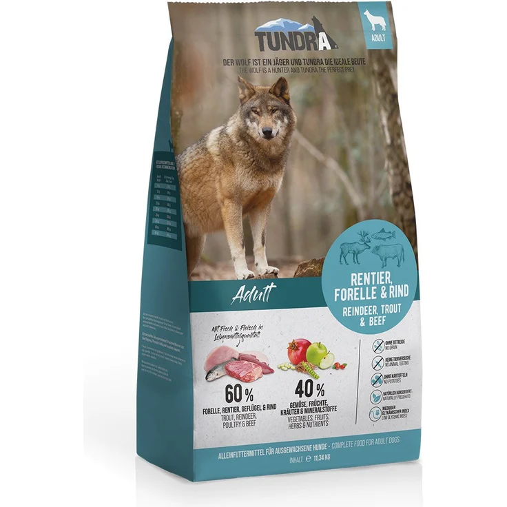 Tundra Dog Rentier, Forelle und Rind, hochwertiges Hunde-Trockenfutter mit hohem Fleischanteil, 11,34kg – Bild 1