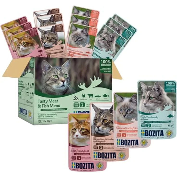 Bozita Nassfutter Häppchen in Gelee mit Fisch und Fleisch, 12x85g Portionsbeutel, getreide- und weizenfreies Katzenfutter für Adult-Katzen, 8,5% Protein & 4,5% Fettgehalt – Bild 2