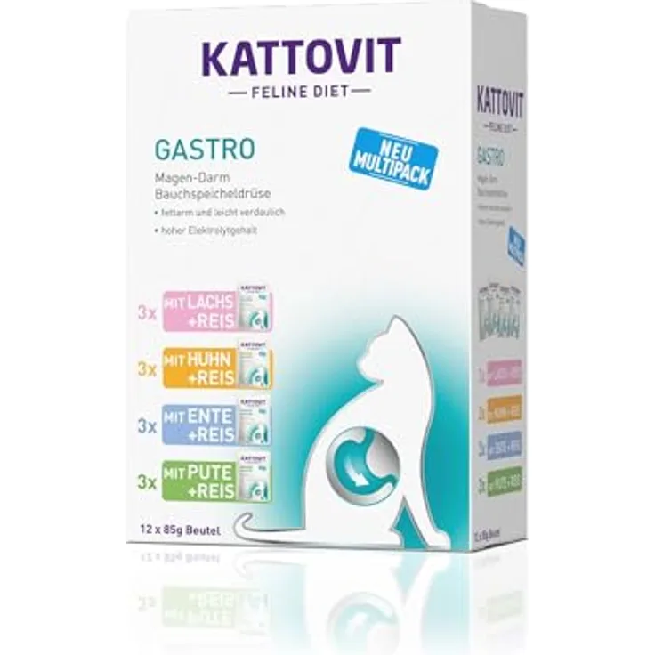 KATTOVIT Gastro Multipack Nassfutter für Katzen, Diät-Alleinfuttermittel zur Unterstützung des Magen-Darm-Systems, 12 x 85g Frischebeutel