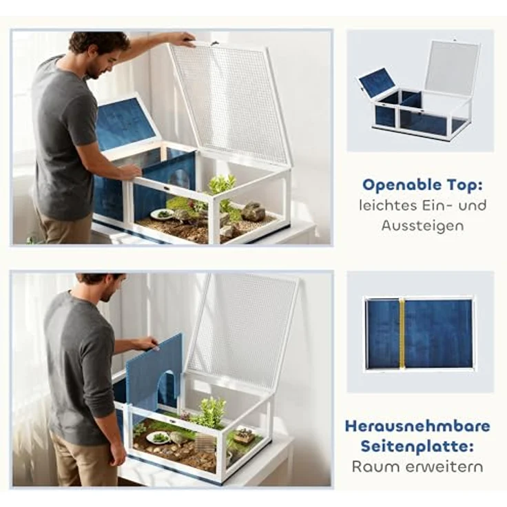 PawHut Schildkrötenhaus aus Holz, großzügiges Schildkrötengehege mit Zweiraumdesign, aufklappbare Oberseite, Outdoor-Reptilienkäfig, Blau – Bild 4