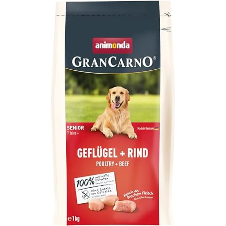 animonda GranCarno Senior, Hundefutter Geflügel + Rind, 4 x 1 kg, gluten- und weizenfrei, optimal zur Mischfütterung