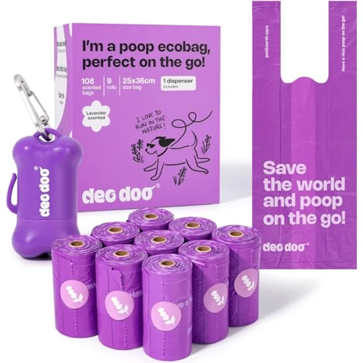 Deo Doo Hundekotbeutel mit Henkel und Spender, 108 Stück mit Lavendel Duft, 100% Auslaufsicher, Hergestellt aus Recycelten Materialien, 50% Speisestärke – Bild 1