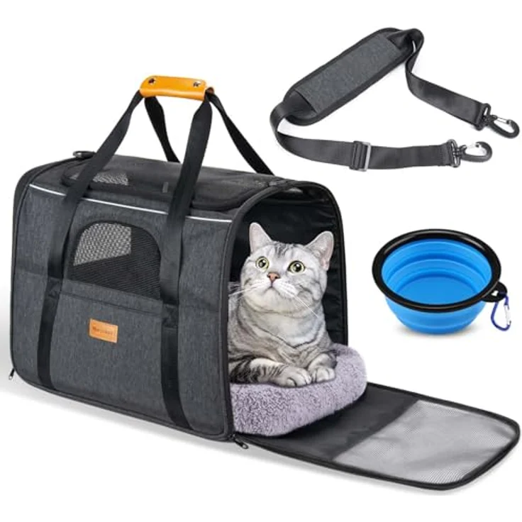 Morpilot Katzentransportbox für große Katzen und Welpen bis 7kg, faltbare Hundetasche mit Sicherheitsreißverschlüssen, inklusive langlebigem Kissen und tragbarer Schüssel, grau – Bild 1