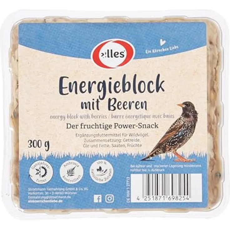 Elles Energieblock mit Beeren 300g I Fruchtiger Power-Snack für Wildvögel | 100% natürliche Zutaten | Ganzjährige Fütterung und Ambrosia-kontrolliert