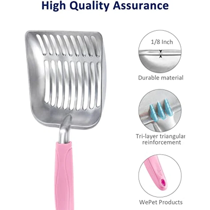 WePet Katzenstreuschaufel, Aluminiumlegierung, tiefe Kotsieb mit langem Griff, rosa, 28 cm x 11 cm x 4 cm, langlebig und robust – Bild 4