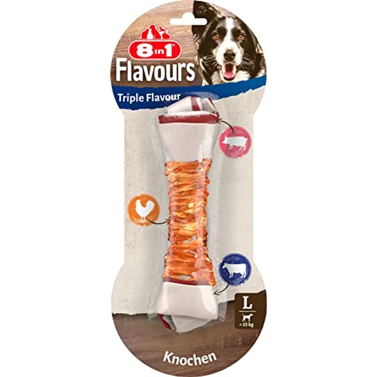 8in1 Triple Flavour Kauknochen L, Hundesnack für große Hunde, 3 x 85 g, hochproteinreich und zäh für anhaltenden Kauspaß