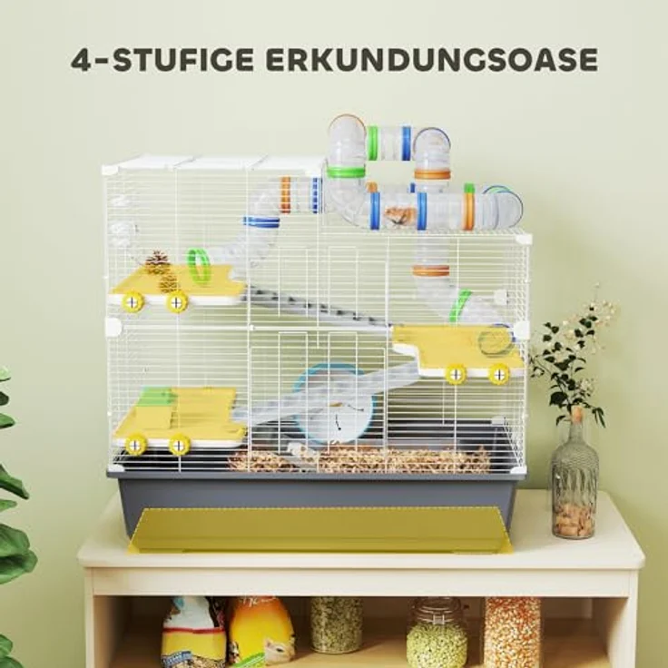 PawHut Hamsterkäfig 4 Etagen, Nagerkäfig mit Laufrad, Tunnel und Futternapf, grau, 78 x 45 x 73 cm für Syrischen Hamster – Bild 3
