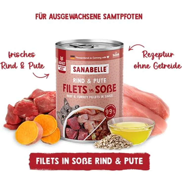 Sanabelle Nassfutter Schlemmertopf mit Rind & Pute, getreidefreies Alleinfutter für Katzen, 6 x 380g, 2.28 kg – Bild 2