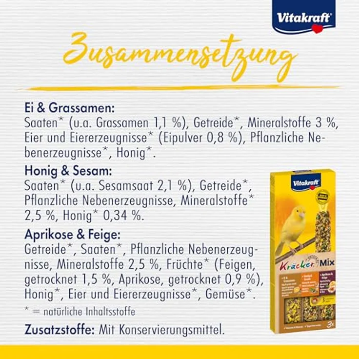 Vitakraft Kräcker Mix, Vogelsnack Knabberstangen mit Ei, Grassamen, Aprikose, Feige, Honig und Sesam, zur Schnabelpflege, ohne Zucker, 80g – Bild 4
