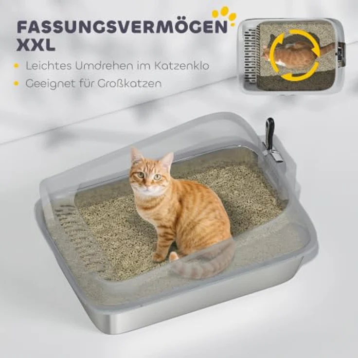 PawHut Offene Katzenklo Edelstahl, hohe Wände, für große Katzen bis 12 kg, grau, 69,8 x 50,3 x 29,8 cm – Bild 4
