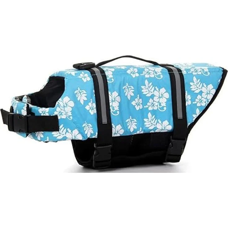 Izefia Hund Schwimmweste, Sicherheitsmantel für Hunde, L, Brustumfang 50-75 cm, Blau Blume, verstellbare Träger, mit Griff und D-Ring – Bild 1