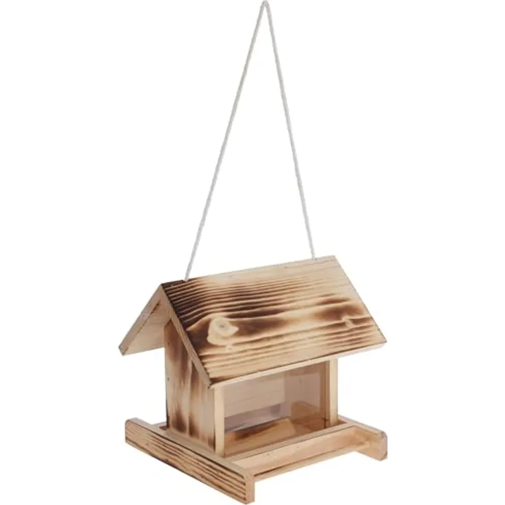 Kerbl Hobbyfarming 87036 Vogelfutterhaus, aus Holz mit wetterfestem Dach, Glasscheiben und Sichtfenster zur Füllstandsanzeige, reißfeste Kordel, Sitzstange, für Wildvögel