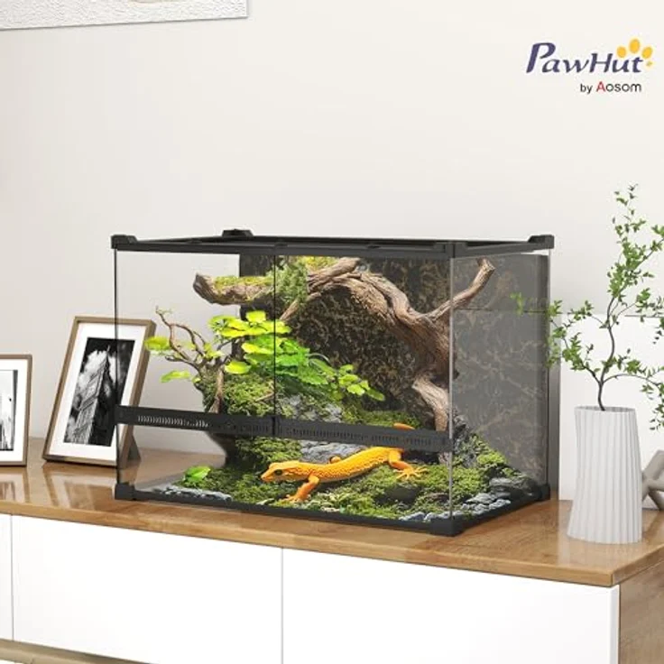 PawHut Terrarium für Reptilien, Glasterrarium 48L mit Frontbelüftung, Steinrückwand, ausbruchsicherem Drehverschluss, für Amphibien und Spinnen, Schwarz, 50 x 30 x 35 cm – Bild 2