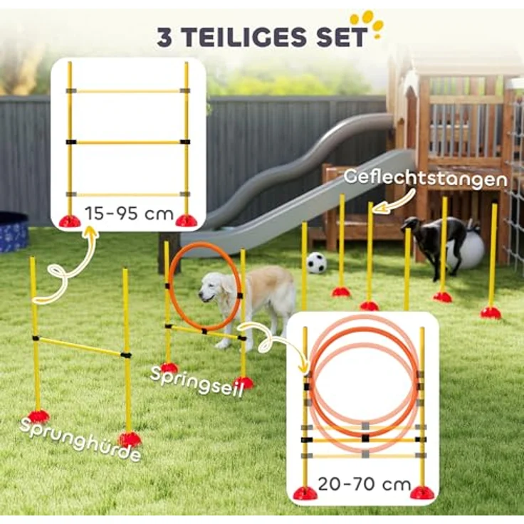 PawHut Agility Set, 3-teiliges höhenverstellbares Trainingsset mit Sprunghürde, Sprungring und Slalomstangen, Orange-Gelb, befüllbar für Koordinationstraining – Bild 3