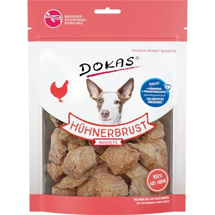 DOKAS Gefriergetrocknete Premium Hühnerbrust Nuggets für Hunde, 110 g, fettarm, soja-, gluten- und getreidefrei, SGS geprüft