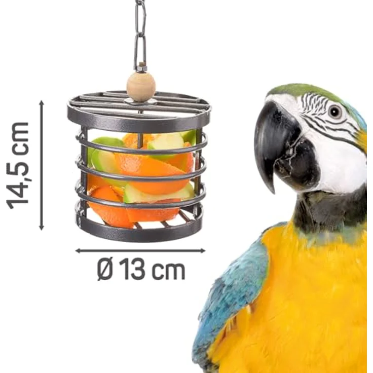 Montana Cages Hängendes Metallkörbchen zum Befüllen, Foraging für Papageien, ca. 13 x 13 x 14,5 cm, rostfreies Metall, inklusive 17 cm Kette – Bild 2