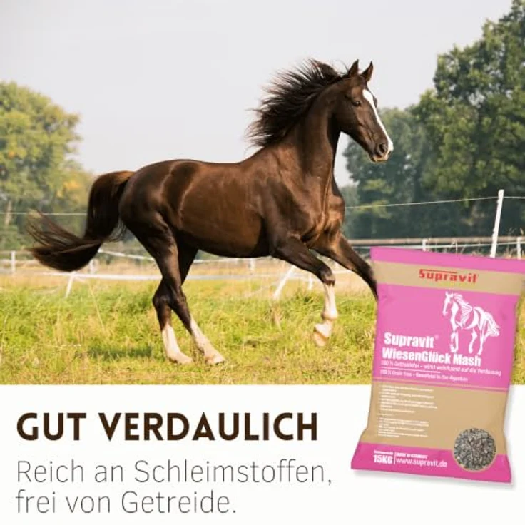 Supravit WIESENGLÜCK getreidefreies Mash Pferd, 15kg, für gesunde Verdauung mit Futterkohle, 100% melassefrei – Bild 3