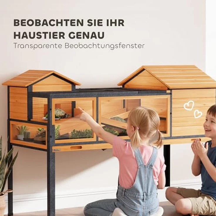 PawHut Schildkrötenhaus aus Holz, erhöhtes Schildkrötengehege mit 2 Etagen, Sichtfenstern und aufklappbarem Deckel, 128x63x96cm, gelb – Bild 4