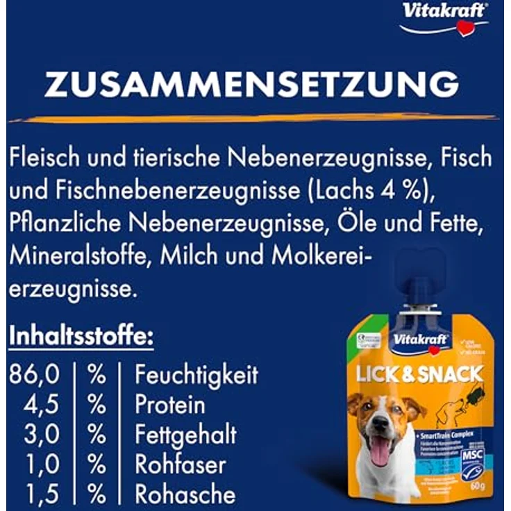 Vitakraft LickundSnack Train Lachs MSC, 60g Trainingscreme mit hochwertigem Lachs, kalorienarm, ideal für unterwegs – Bild 4