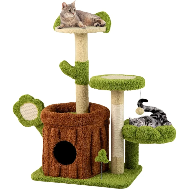 GOPLUS Kratzbaum klein, 92 cm mit Höhle, Aussichtsplatz, Schlafbett, Plattformen und Kratzstamm, grün & braun