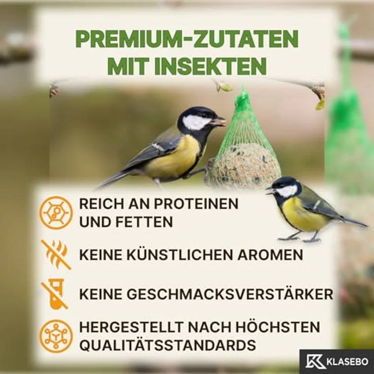 KLASEBO Premium Meisenknödel mit Insekten, 200 Stück (18kg) – Ganzjähriges Wildvogelfutter im praktischen Netz, 100% Naturprodukt, für alle Wildvögel, Energiereiche Delikatesse – Bild 4