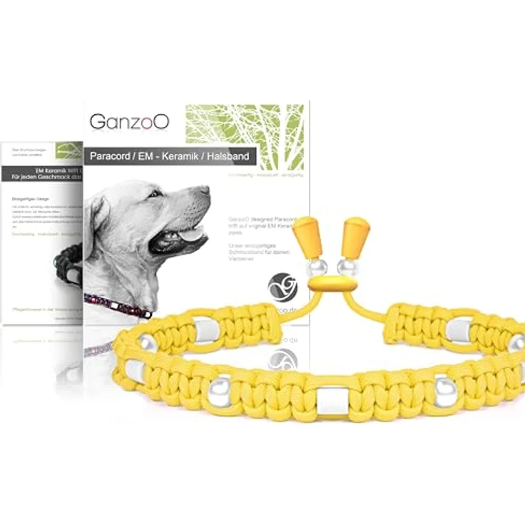 Ganzoo EM Keramik Hundehalsband, Paracord 550, Leuchtgelb, XS 26-32 cm, handgeknüpft, verstellbar mit Kordelstopper, Zierperlen und EM Tubes – Bild 1