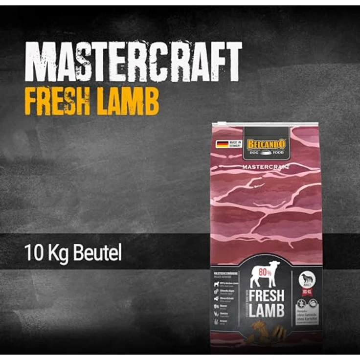 BELCANDO MASTERCRAFT Hundefutter trocken Fresh Lamb, 10kg, getreidefreies Trockenfutter mit 80% frischem Lammfleisch, für alle Rassen, Made in Germany – Bild 2